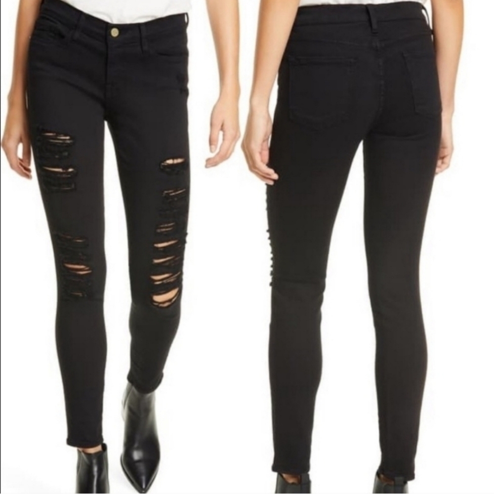 Frame Denim Distressed Skinny Jeans in Black